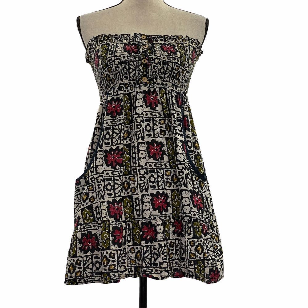 ABSTRACT Cartoon Floral Strapless Button Dress